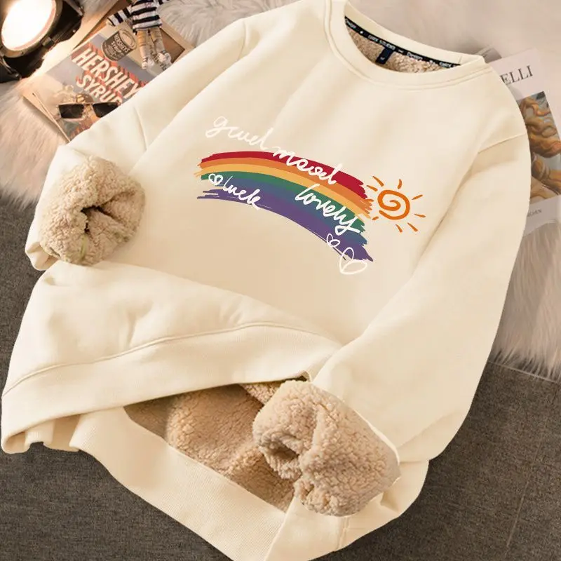 EVNISI Autumn Winter Women Printed Cute Fleece Warm Sweatshirts Lambswool Thicken Thermal Sweatshirts Women Loose Casual Hoodies