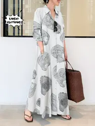 2023 Summer Fashion New Women's Elegant Dress Large Lapel Button Cotton Hemp Print Loose Sun Dress Long Dress