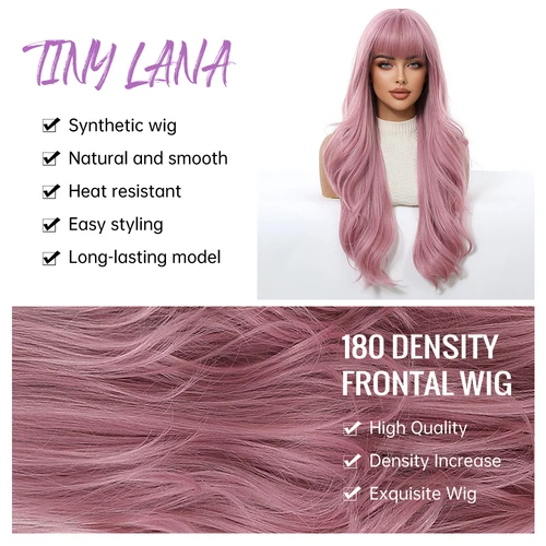 Imagen 2 del producto Pelucas sintéticas largas onduladas de agua de color rosa con flequillo para mujer, disfraz de Cosplay Natural rosa, peluca de Navidad de pelo diario resistente al calor
