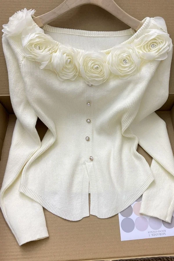 

Korejpaa Pink 3D Flower Cardigans Women Long Sleeved Slim Knitted Sweater Top French Style Slash Neck Base Short Sweaters