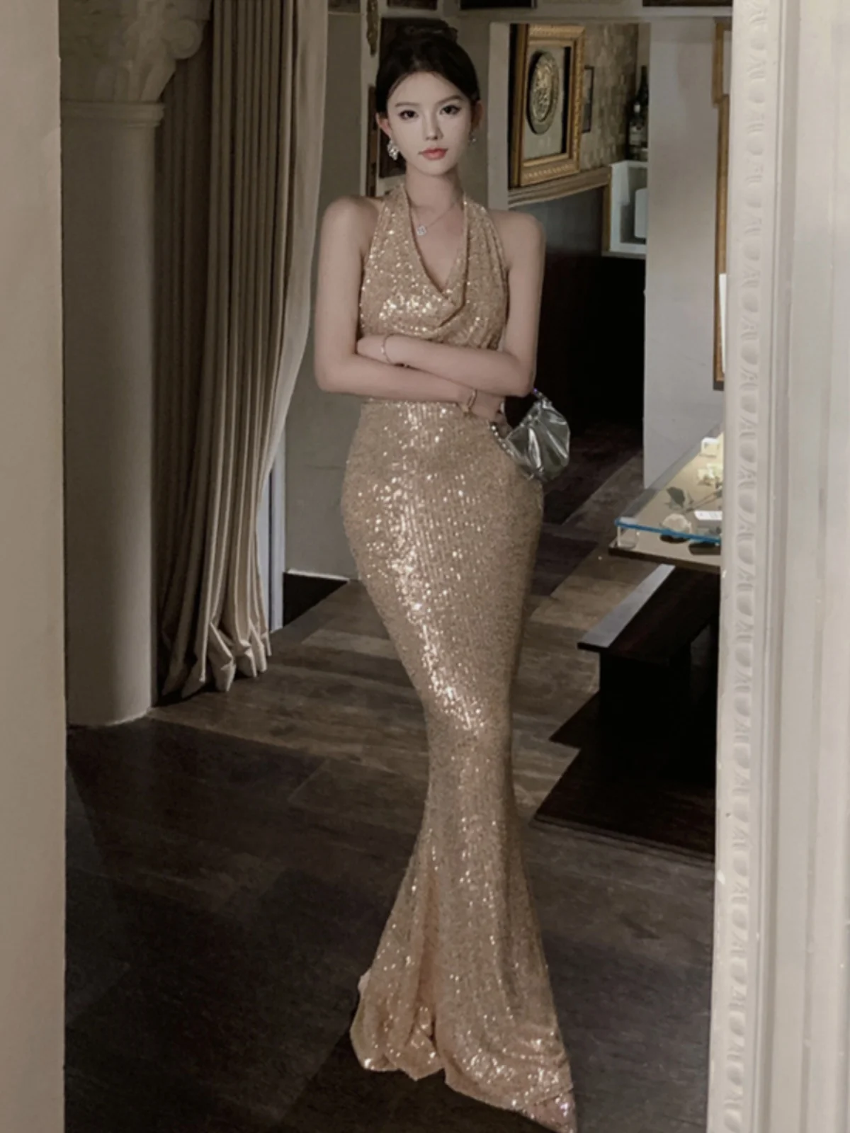 E Vestido de Noche con Lentejuelas para Mujer, Sensación de Alta Gama, Traje de Fiesta, Vestido Largo hasta el Suelo, ...