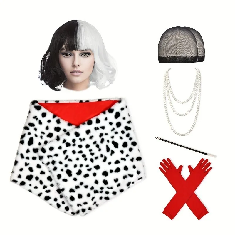 ロールプレイング 黒と白の斑点模様のマント ウィッグ 女性用ロールプレイングコスチューム 魔女ウィッグ 赤いロンググローブ DIYネックレス ジュエリーセット