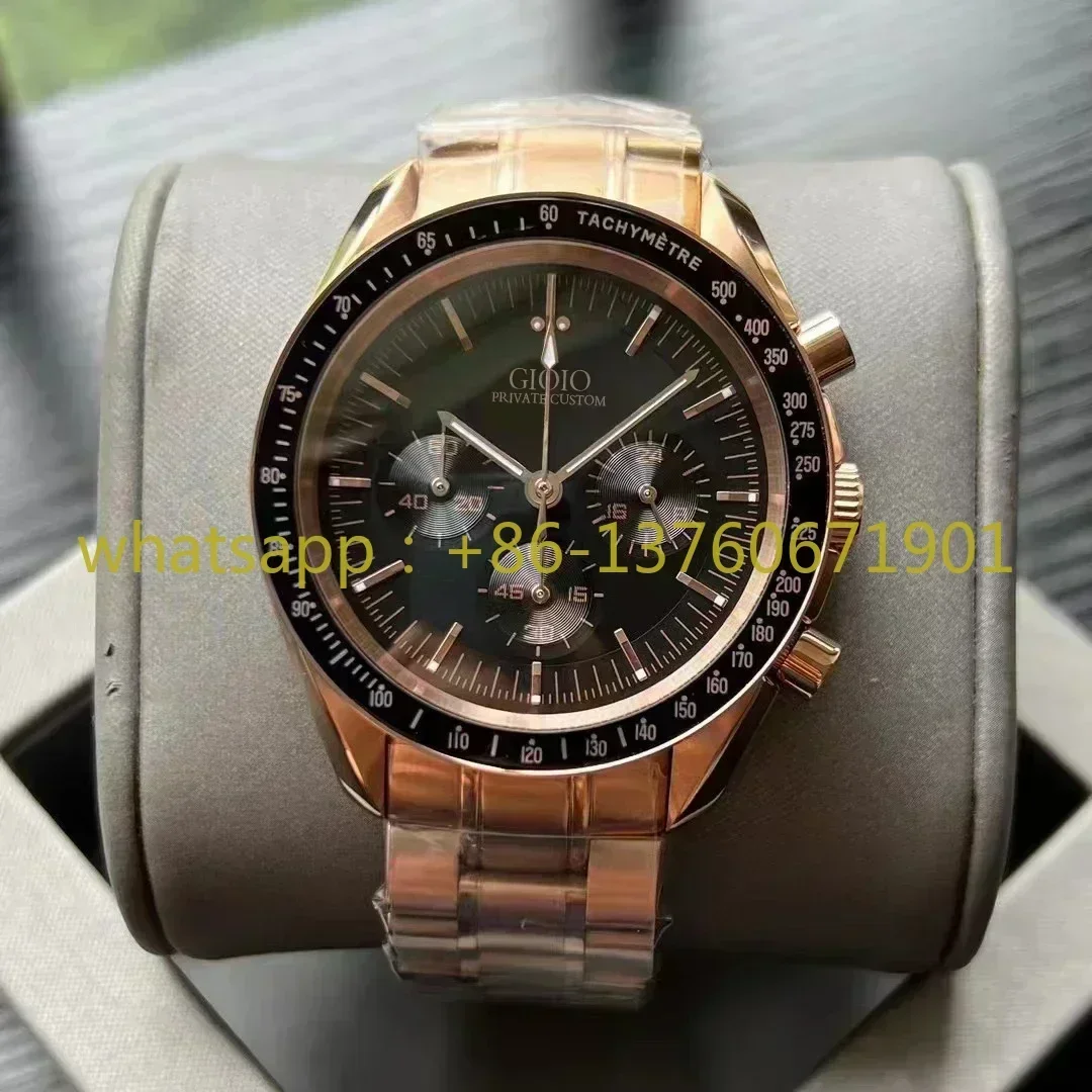 2023 Luxury Men's Quartz Chronograph VK63 Movement Watch Stainless Steel Rose Gold Green Speed Leather Moonwatch