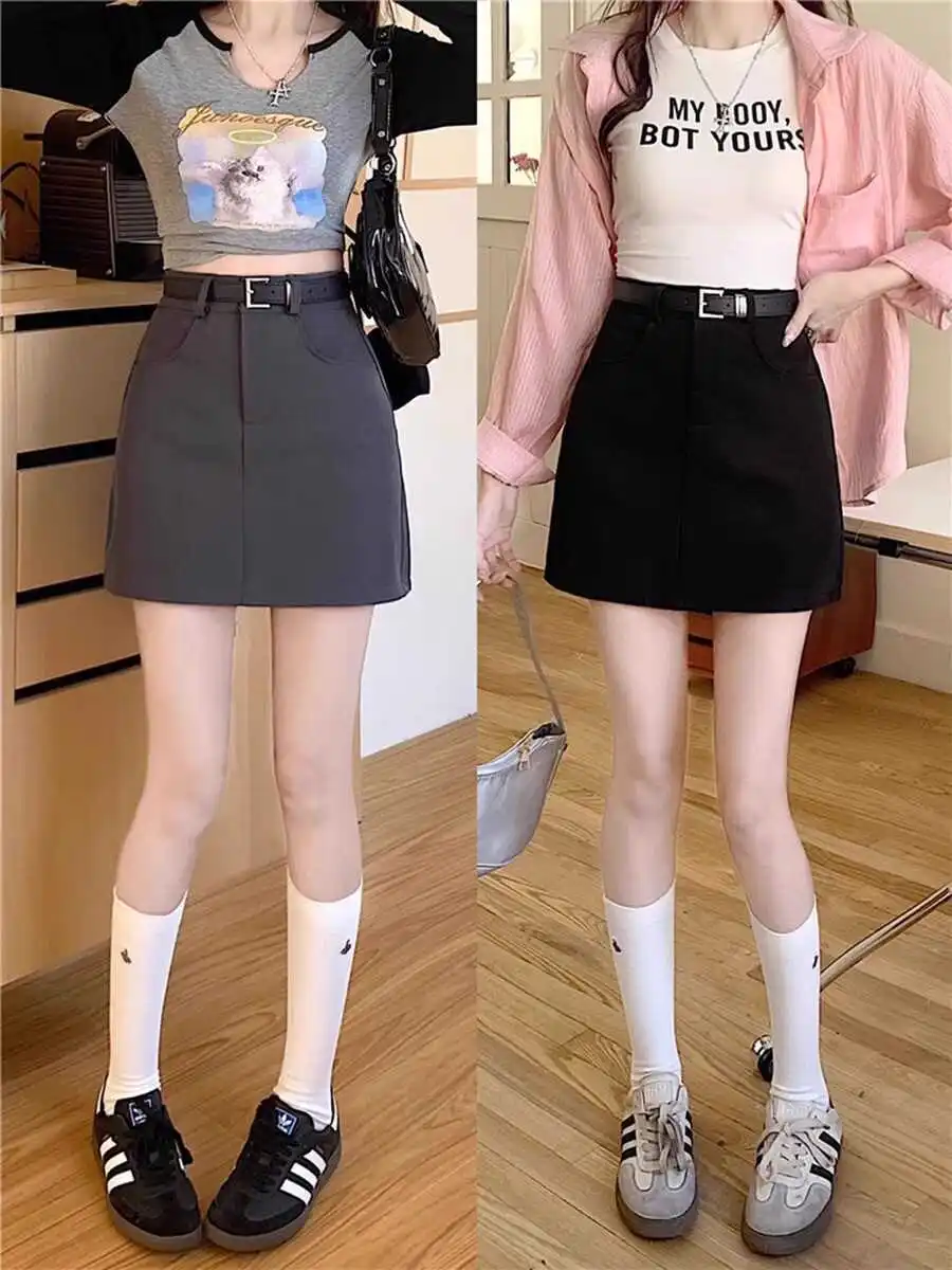 Korea Summer Black Gray Women'S Skirts 2024 New Fashion High Waist Mini Skirt Woman Casual Simple Wild A Line Suit Short Skirts