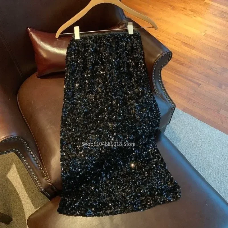 Sequins Midi Skirts Women Graceful Office Lady Slit Design Basic Sexy Chic European Style High Waist Autumn Straight Faldas
