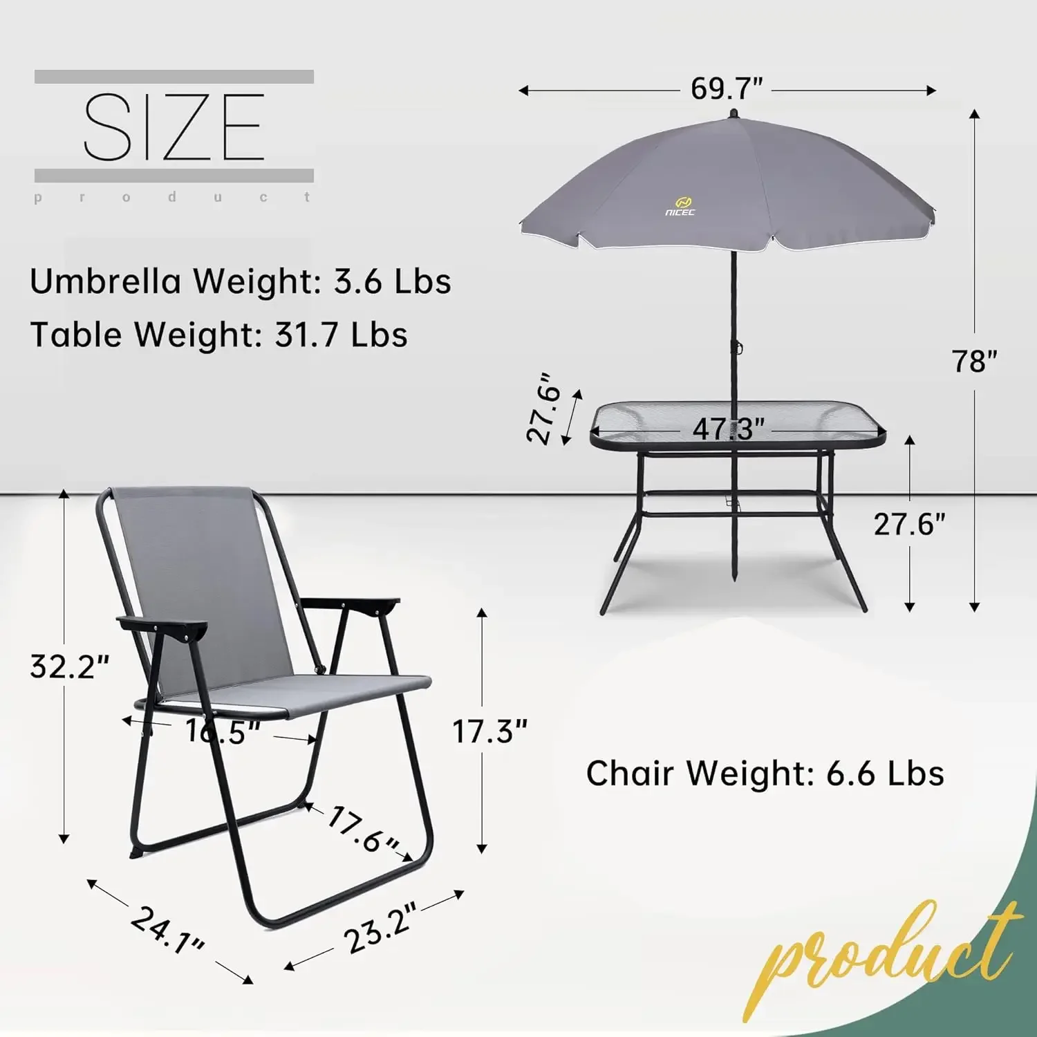 8-delige set met parasol, tuintafelset voor tuinmeubilair met afneembare parasol, glazen tafel en 6 klapstoelen (grijs)