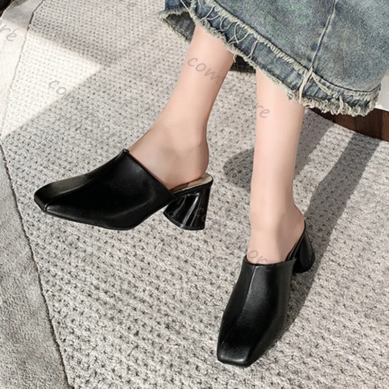 Comemore Baotou Half Slippers Women Square Head High Heels Shoes Fashion Outside Wear Thick Heel Solid Color Mules Slides Shoes