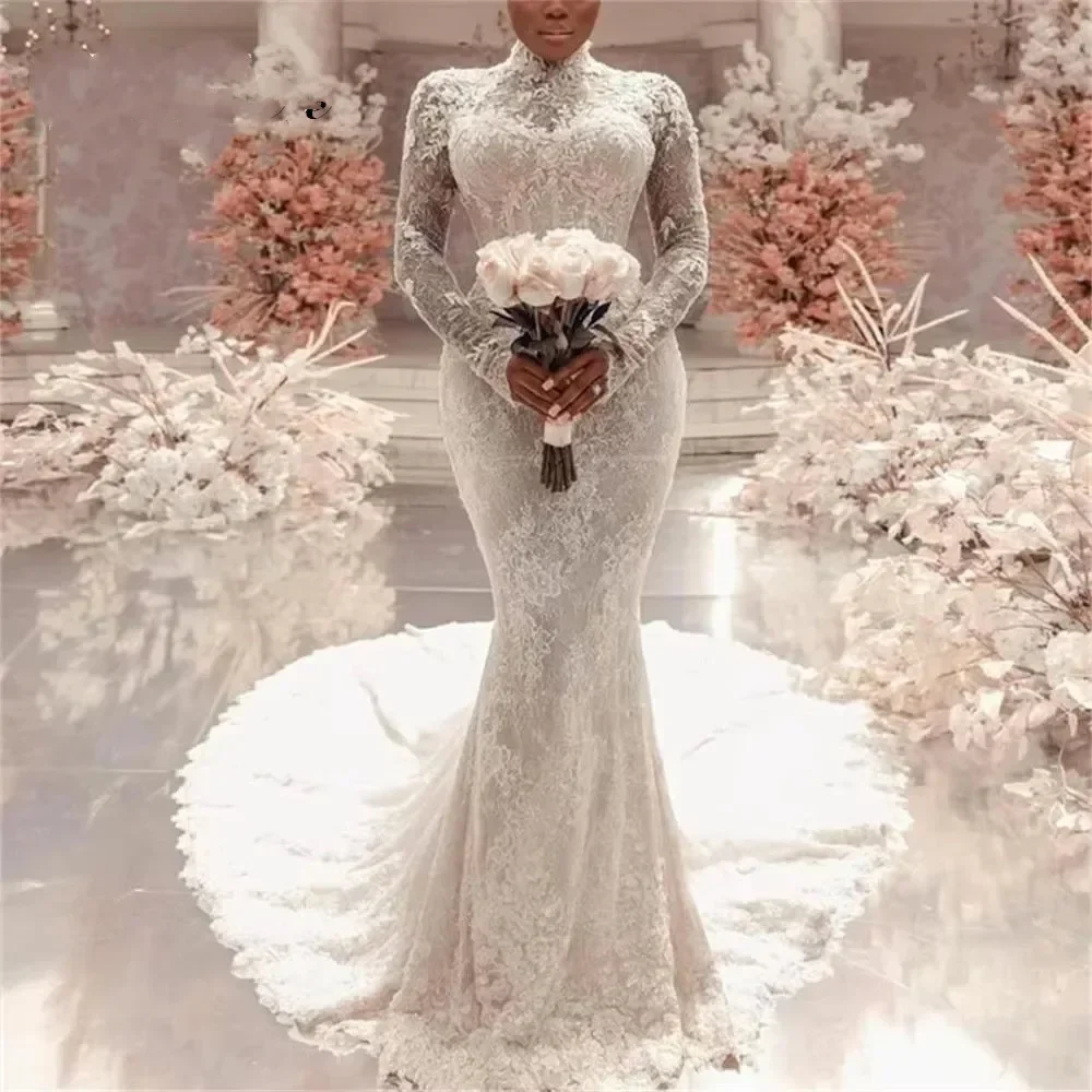 

New Mermaid Wedding Dress 2026 High Collar Full Sleeve Lace Buttons Train Bridal Bride Grown African Vestidos De Noiva