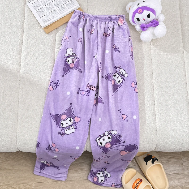 Sanrio Hello Kitty Y2k Kawaii Pyjama Flanel Vrouwen Warme Wollen Witte Cartoon Anime Casual Thuis Broek Herfst Broek