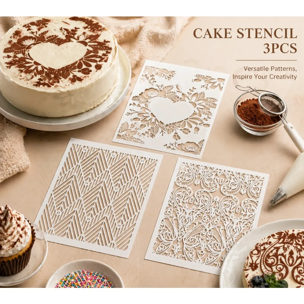 Juego de 3 Plantillas para Pastel con Diseño Floral y Vintage, Molde para Decorar Pasteles y Galletas con Crema, para Bodas, Cumpleaños y Fiestas