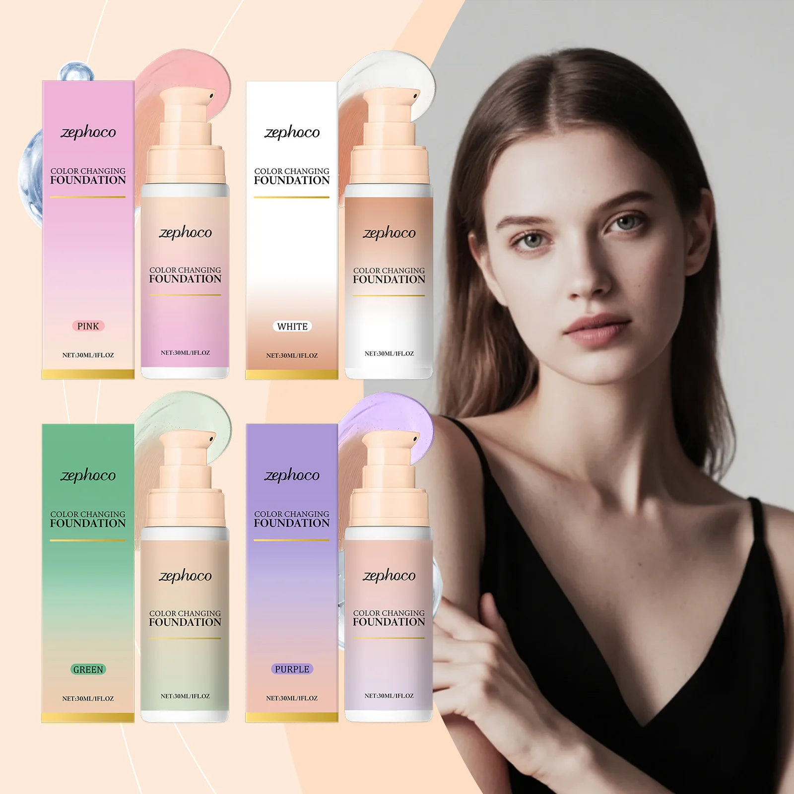 

Zephoco Color Changing Foundation 4 Colors Oil Control Lightweight Non-greasy Color Correction Foundation with Hyaluronic Acid