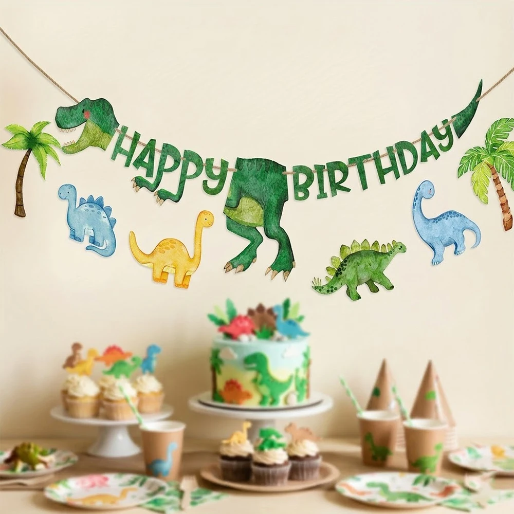 Bannière Joyeux Anniversaire Dinosaure, Guirlande Dino Aquarelle, Décoration de Fête Jungle Safari, Bannière pour Enfants Garçons Filles, Fournitures de Baby Shower