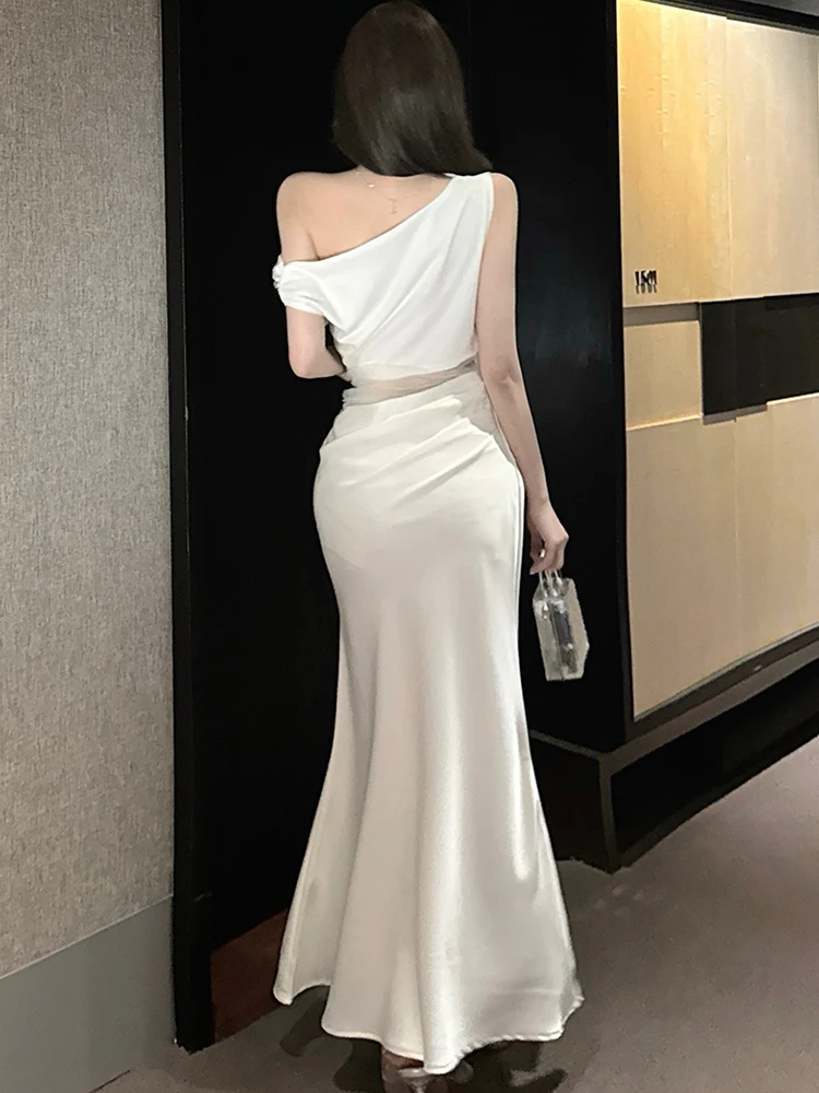 Women Acetate Satin Patchwork Mesh Hollow Out Sexy Dress Summer Elegant Chest Wrapping Dress 2025 Korean Vintage Luxury Vestidos