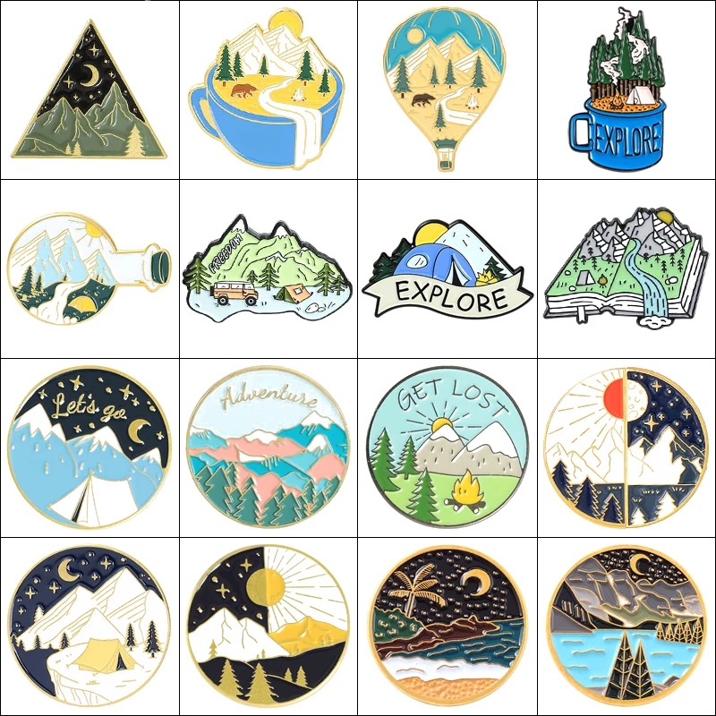 Creative Outdoor Landscape Enamel Pins Mountain Peak River Sun Moon Sea Camping Campfire Sunrise Alloy Brooch Badge Jewelry Gift