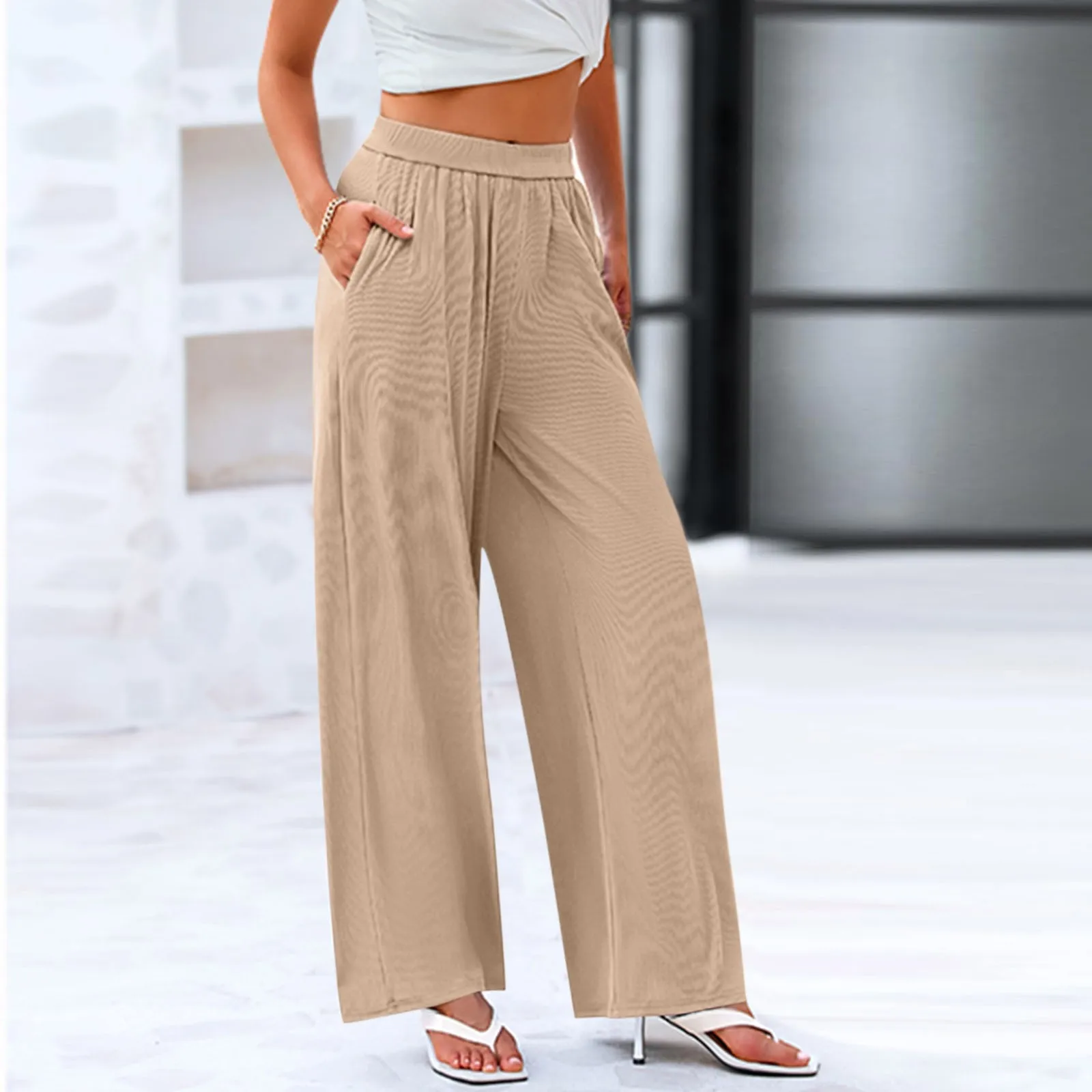 

2024 Summer New Ribbed Wide Leg Pants Elastic High Waist Harajuku Street Pants Fashion Women's Thin Casual Trousers