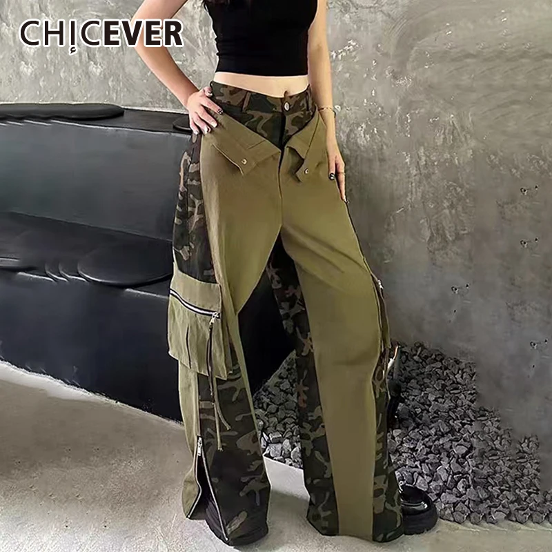 CHICEVER Camouflage Pants For Women High Waist Clorblock Straight Loose Patchwork Botton Streetweat Pant Female Spring Clothes