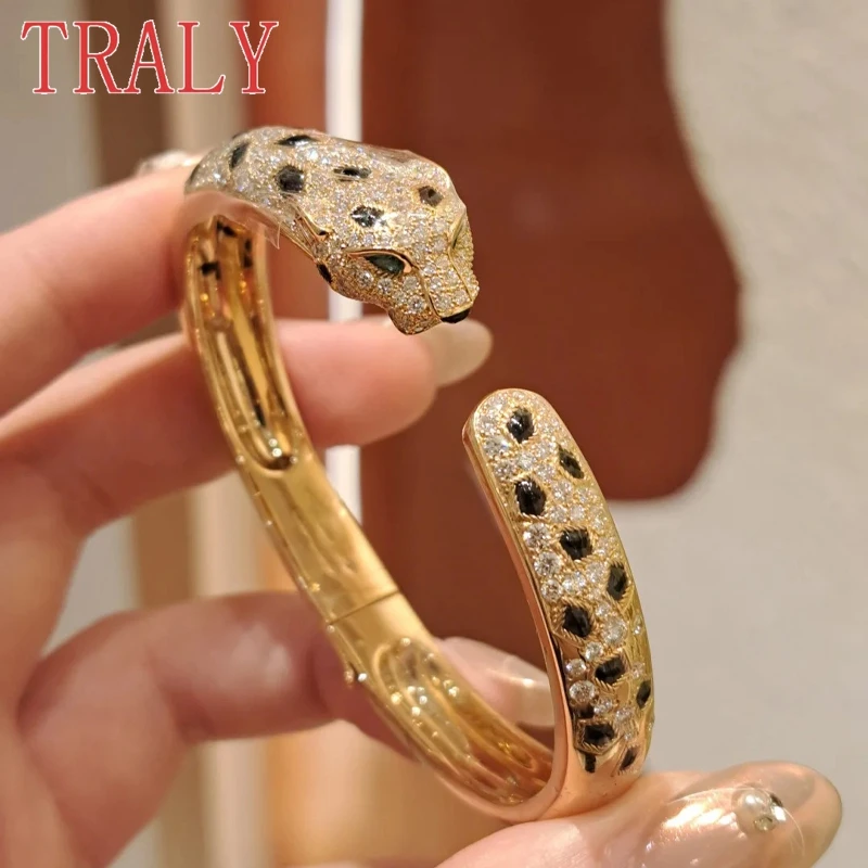 Pulsera con cabeza de leopardo manchada de Plata de Ley 925 para parejas, brazalete de lujo con incrustaciones de diamantes, regalo de fiesta, joyería para hombres y mujeres