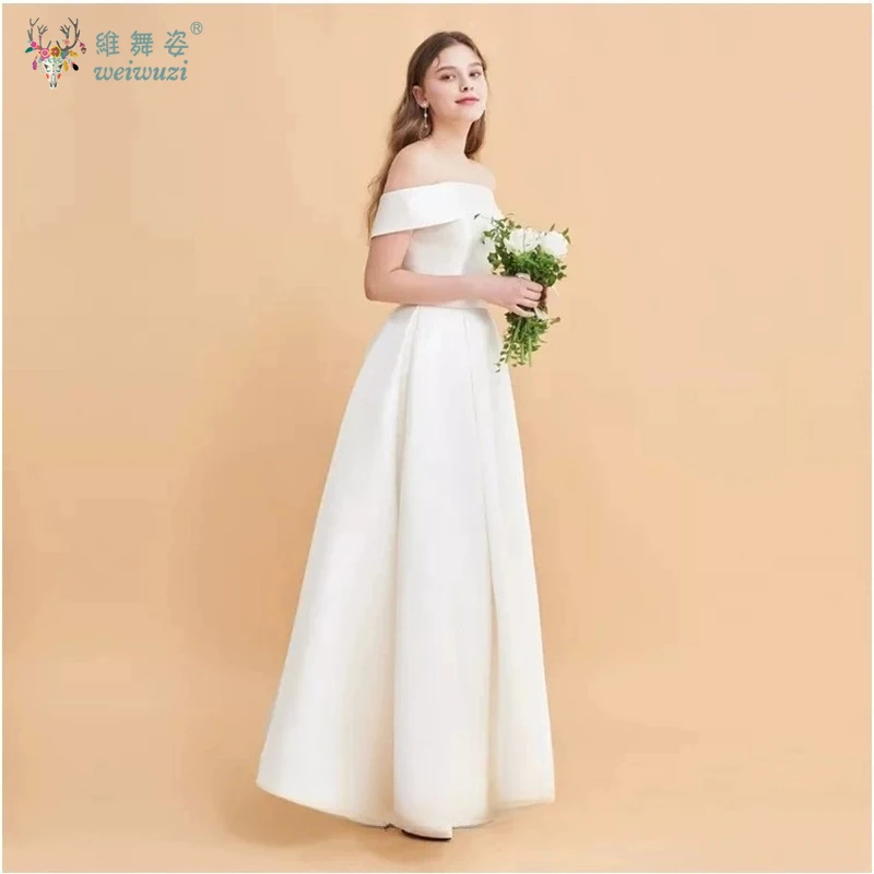 韓国スタイルワンカラーのウェディングドレスサテンシンプルなAライン足首丈のウェディングドレスブライダル旅行写真衣装