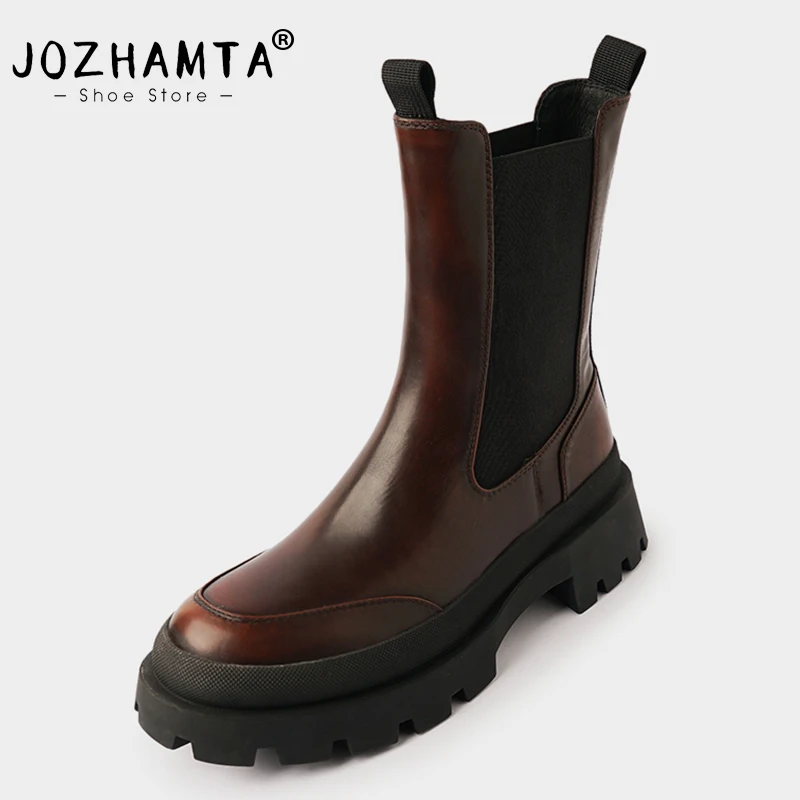 

JOZHAMTA Size 34-39 Women Ankle Boots Winter 2023 Real Leather Platform Boots Thick Heels Shoes Woman Elastic Casual Office Boot