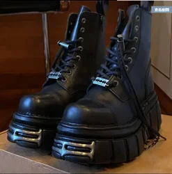 Metal Thick-Soled Heightening Women's Ankle Boots Dark Punk Lace Up Leather Boots Round Toe Goth Motorcycle Boots Short Boots