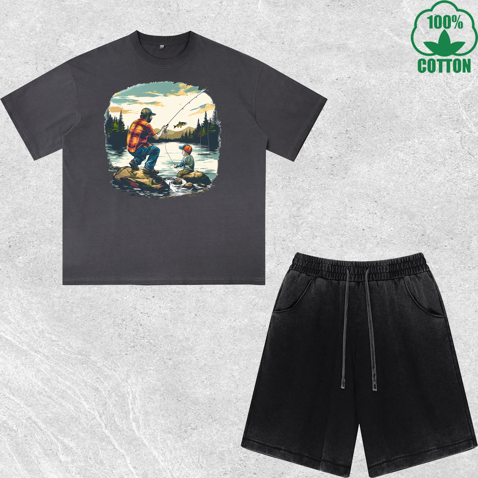 Fishing Is My Game Printed Dirty Wash T-Shirt Shorts Set Combo Loose Trendy Fashionable 100%Cotton Black Suit