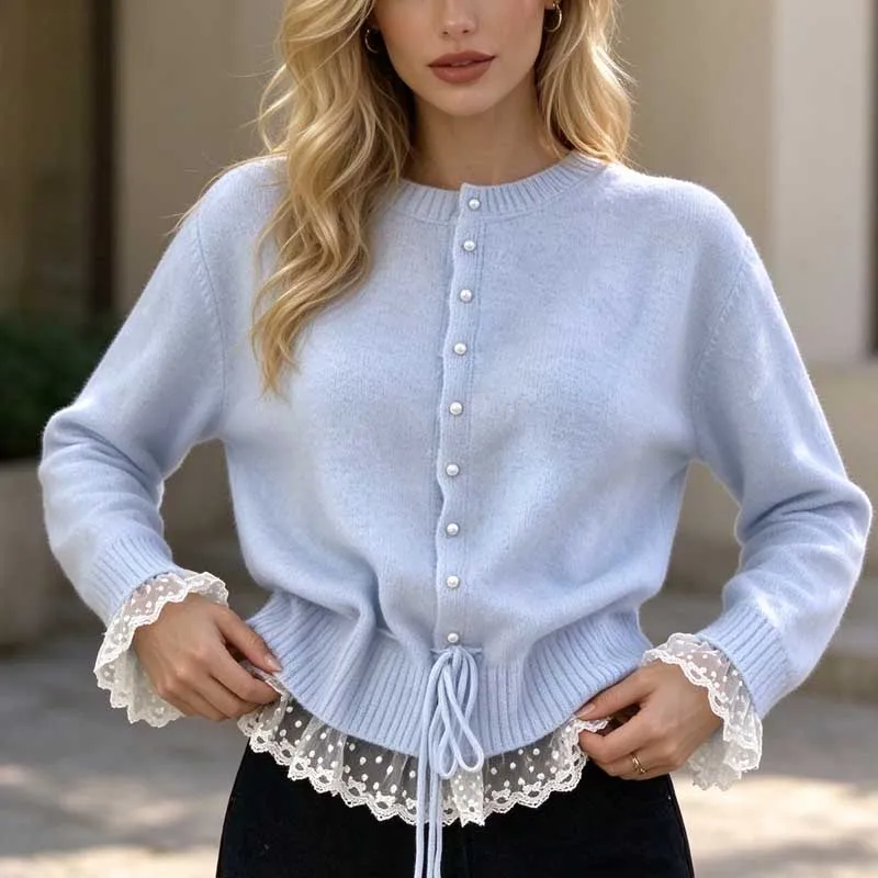 Chic Fashion Lace Splicing Sweater Korean Cute Women's Lace-up Waist Jackets Sweet Autumn Cardigan Lace Long Sleeve Tops Casual