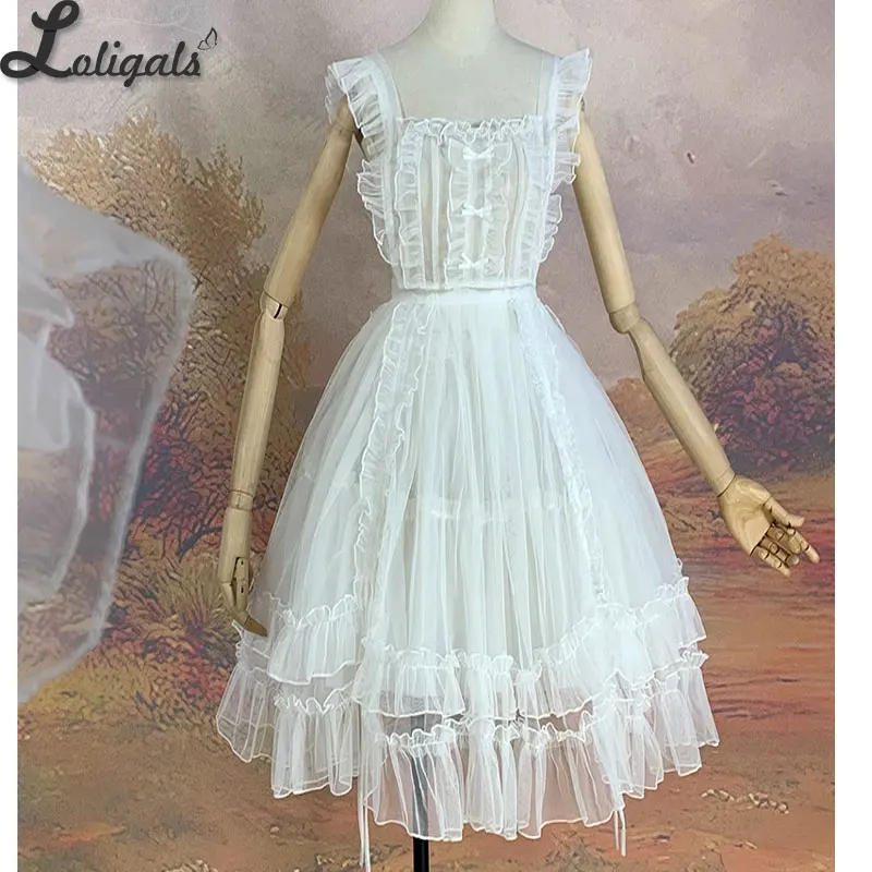 Elegant Lolita Mesh Apron Long Sheer Two Way Cover up JSK Dress w. Drawstring