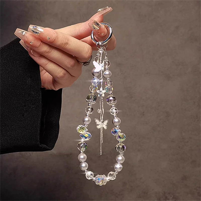 Luxury Sparkle Butterfly Rhinestone Bead Phone Bracelet Strap Charm Chain Knot Cellphone Lanyard Keychain Bag Camera Keychain Pe