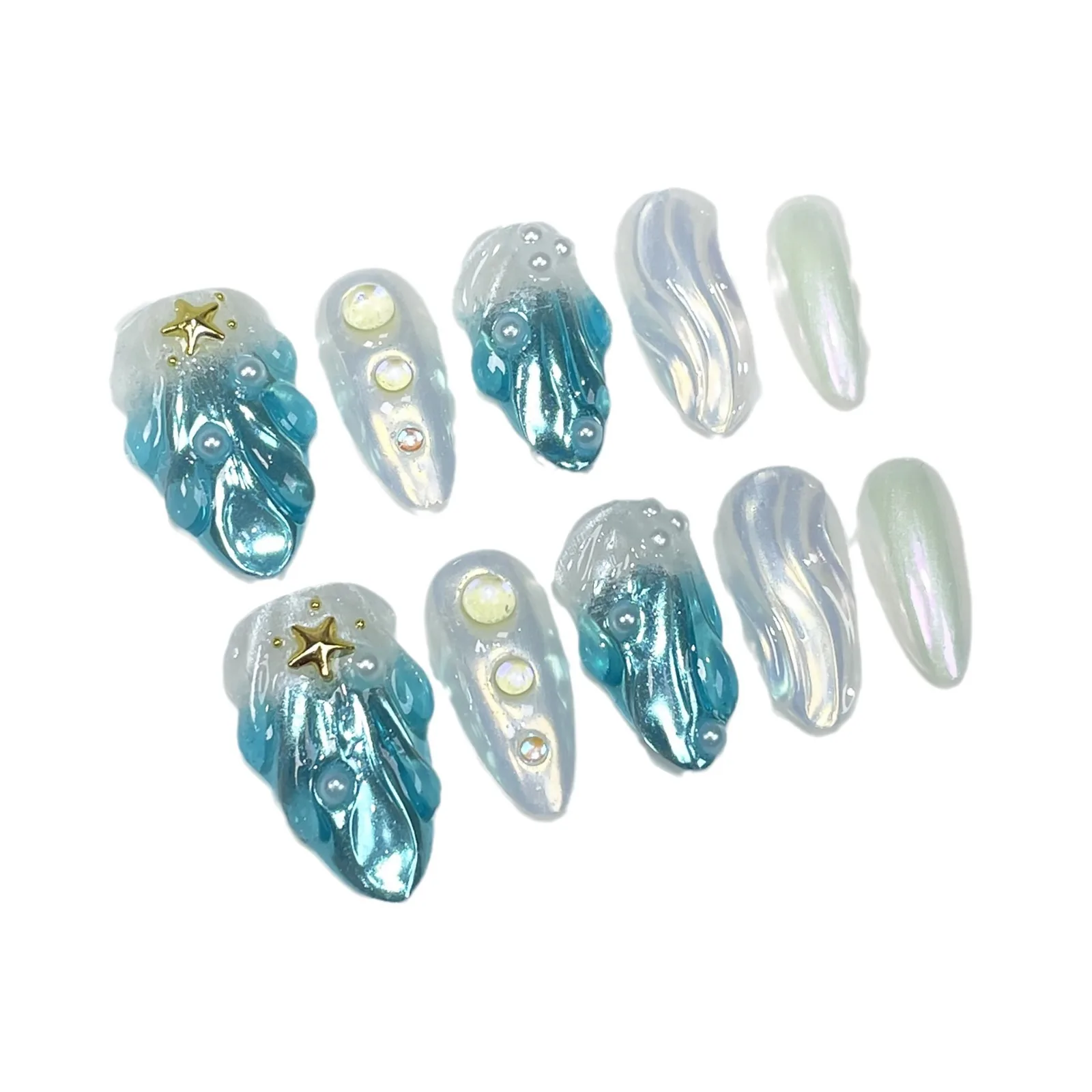 10Pcs Blue Almond Fake Nails Summer White French Style Handmade Press on Nails 3D Designs Glossy Sequins Reusable False Nails