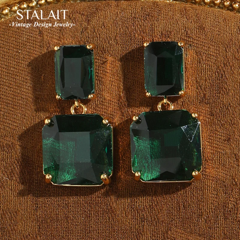 

Vintage Crystal Drop Green Earrings Luxury Woman Gold Color Dangle Square Summer Accessories Wedding Valentine Day Gift 2025