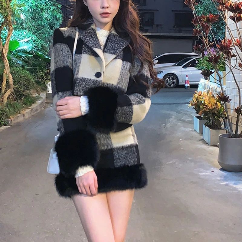 Winter Y2K Short Plaid Coat Mini Skirt Two Piece Set Harajuku Women Long Sleeve Tweed Jacket A-line Skirts Suit Korean Clothing