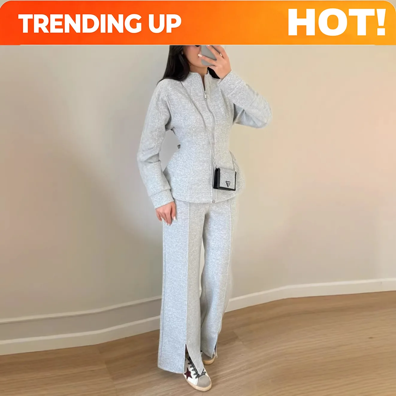 Customization Women's Matching Sets 2026 Women's Lingerie Sexy Casual Stand Up Collar Zipper Long Sleeve Waist Trend Pants Women