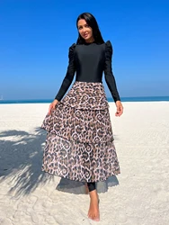3pcs Muslim Burkini Modest swimsuit Black Long Sleeved Ladies Swimwear with Long Leopard Printed Dress beach swimsuit SPF50+