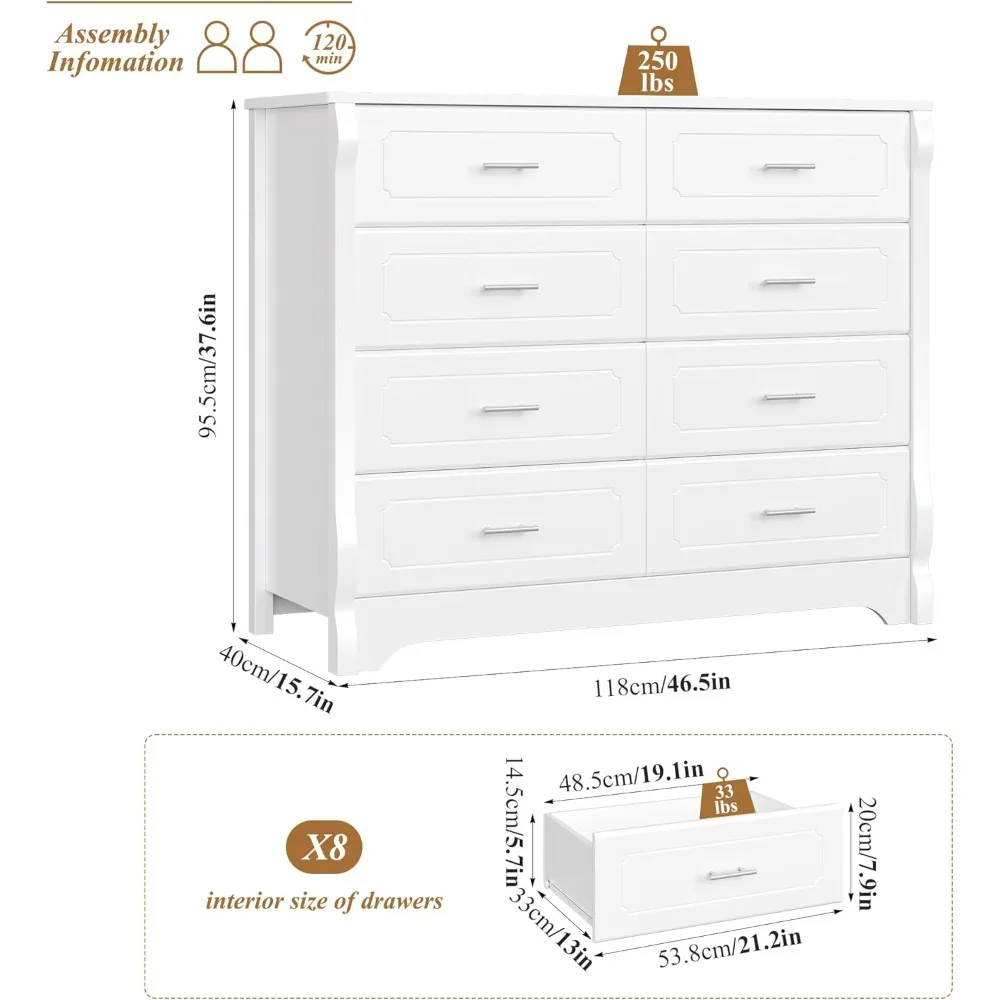 8 Drawer Dresser for Bedroom, White Dresser, 47