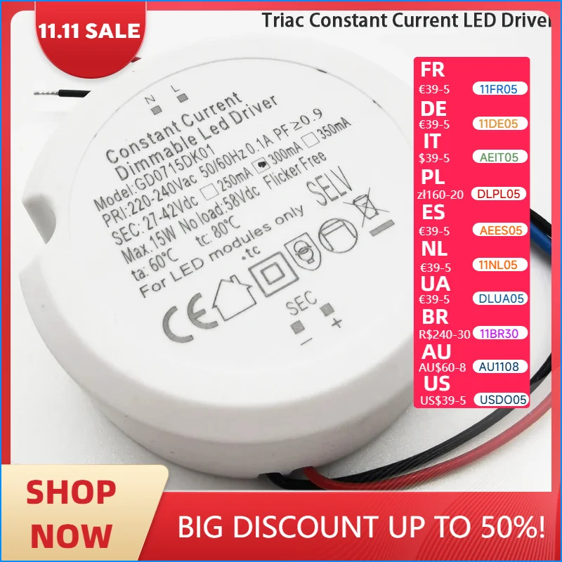 Circular LED Triac Dimming Driver 27-42V Output 7-15W 150mA-450mA Triac Dimmable LED Driver Ceiling Downlight No Flicker Power