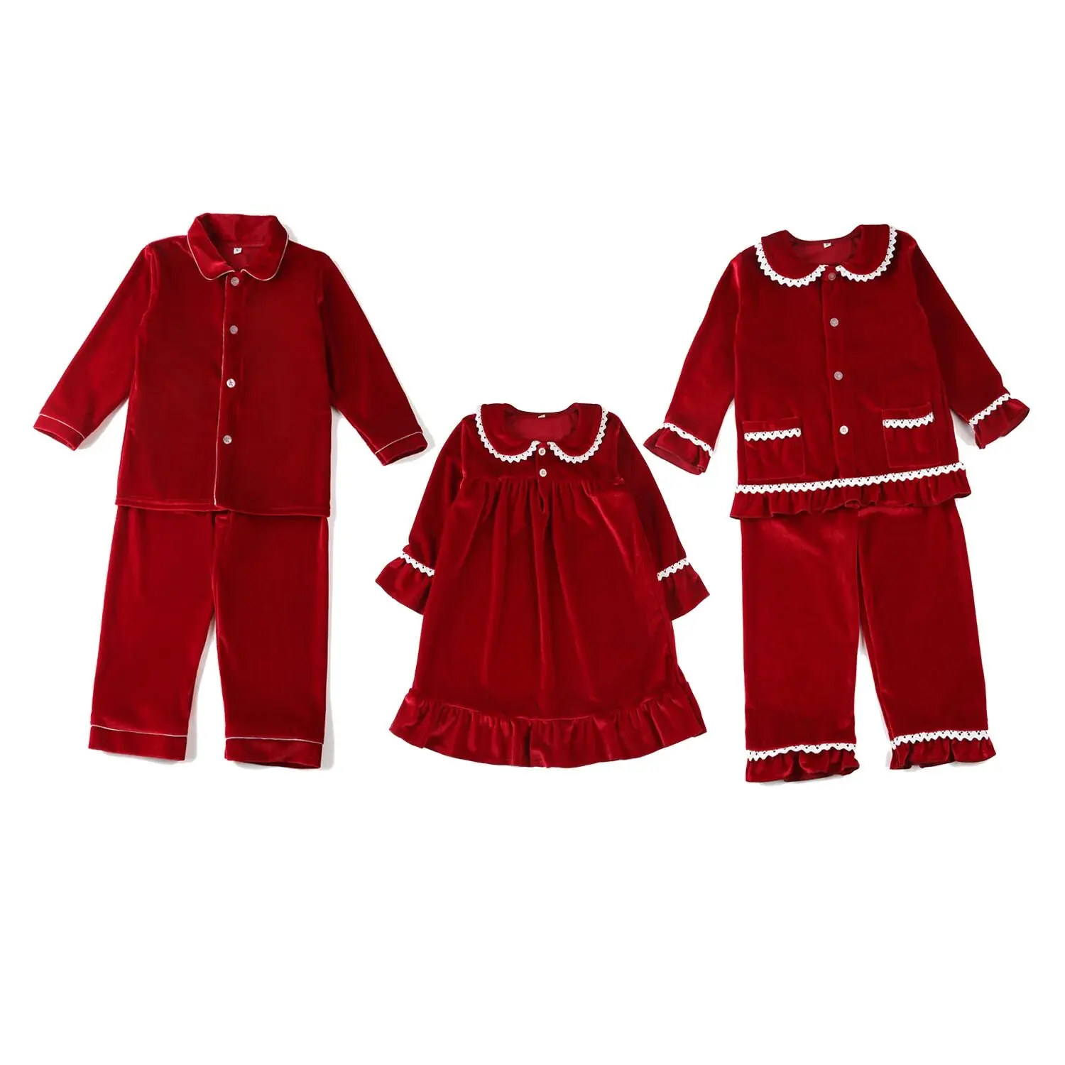 Velvet Ruffle Family Matching Pjs Christmas Kids pyjamsa Sibling Set Baby Clothes Boy And Girls Red Dress Pajamas Sets