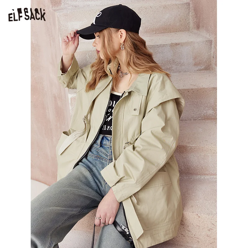 ELFSACK simple academic style casual coat workwear style for women 2024 spring new office style zipper cotton windbreak solid co