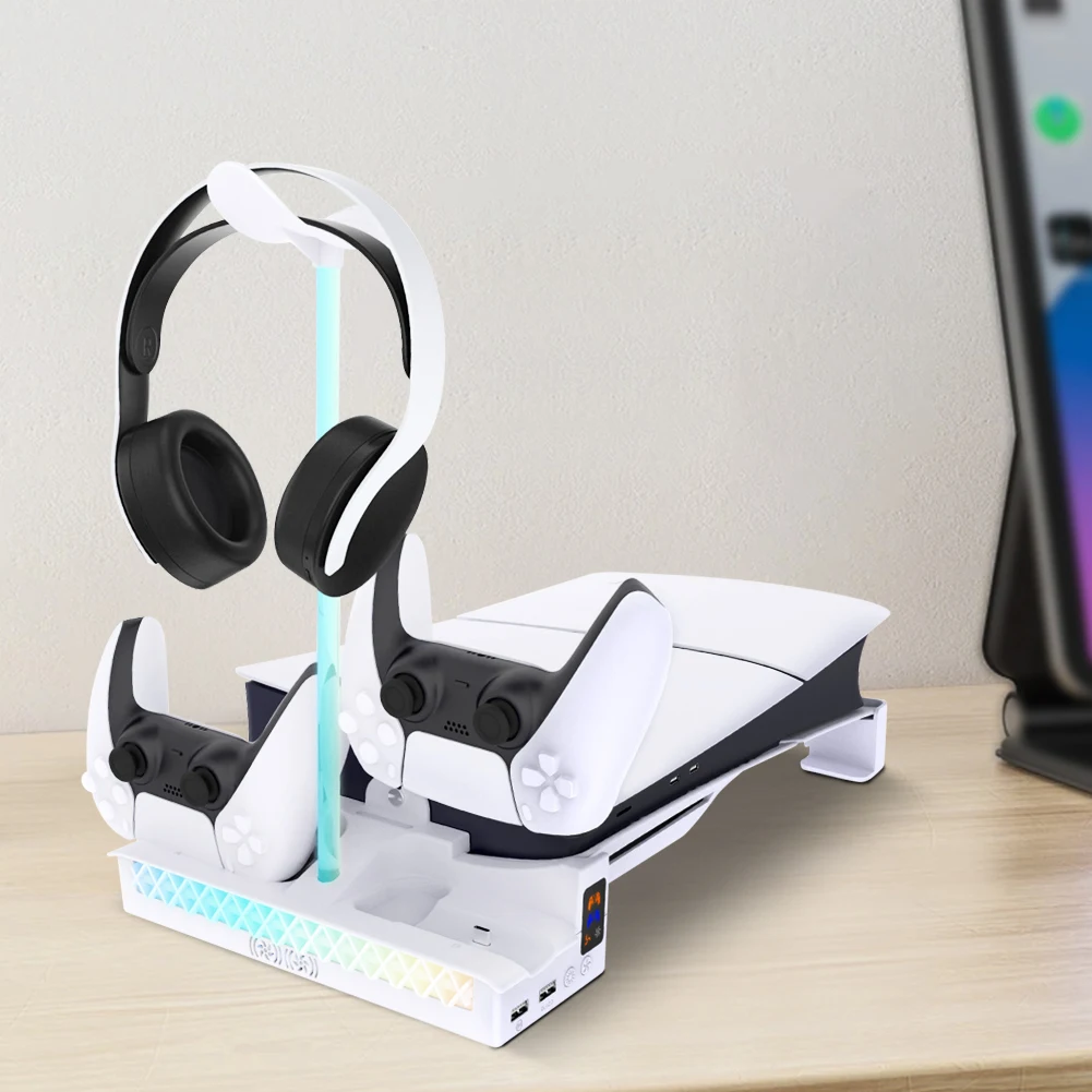 For PS5 Slim Horizontal Stand with 3-Level Cooling Fan & RGB Light Dual Controller Charger Headphone Hanger for PS5 Slim Console