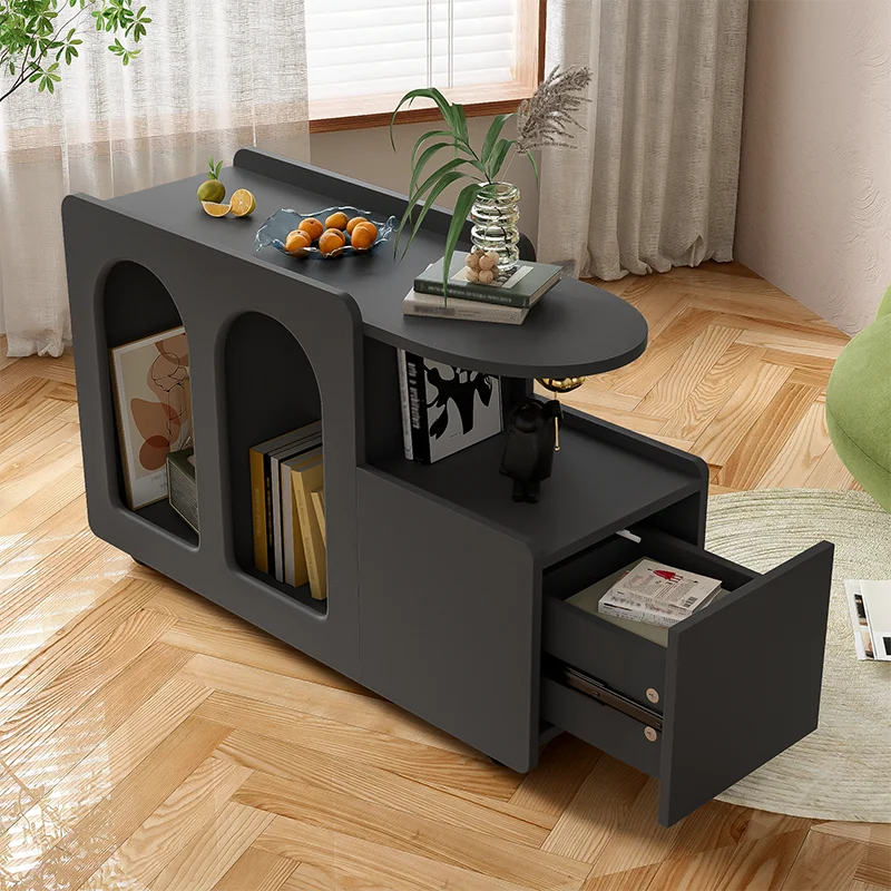Multifunctional black side wardrobe with rolls, versatile simple design with rounded arches, creamy-style