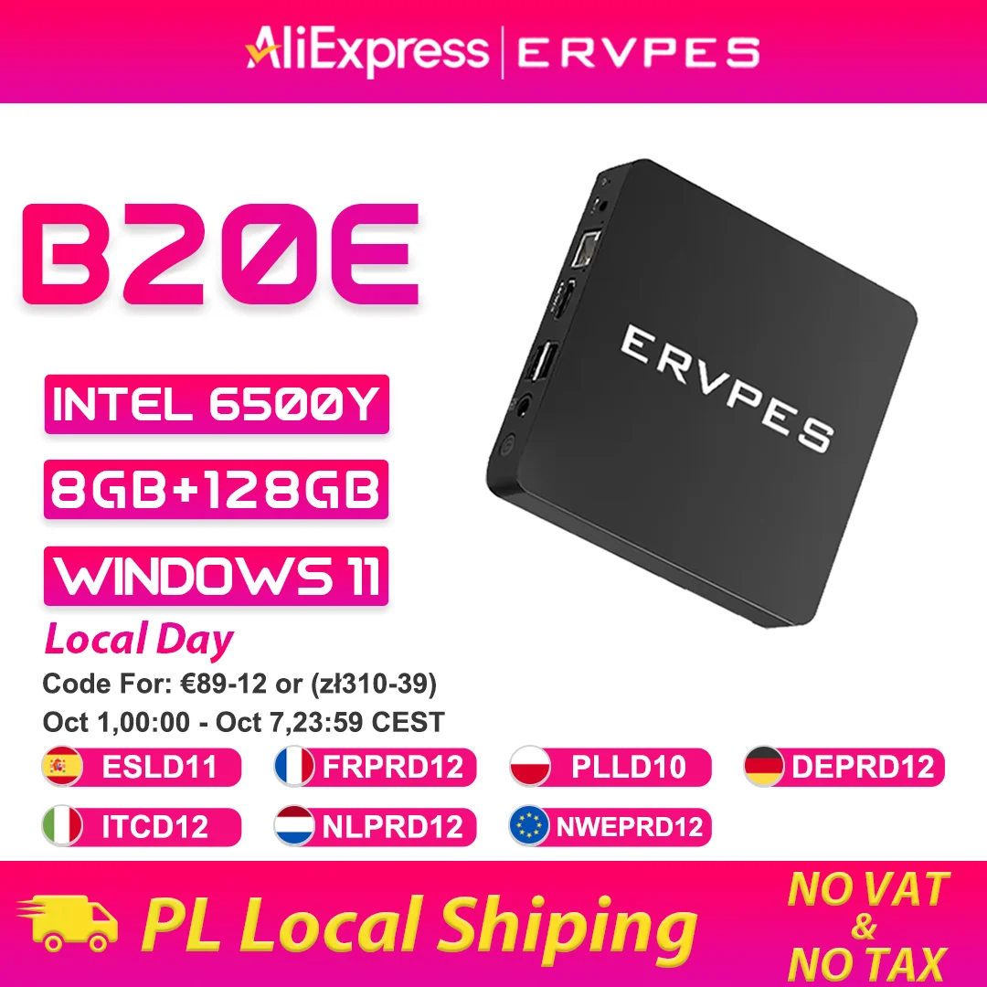 ERVPES Mini PC B20E Windows 11 8GB RAM 128GB SSD Intel 6500Y HDMI/VGA WIFI5 BT 5.0 USB Desktop Compatto per Lavoro/Casa
