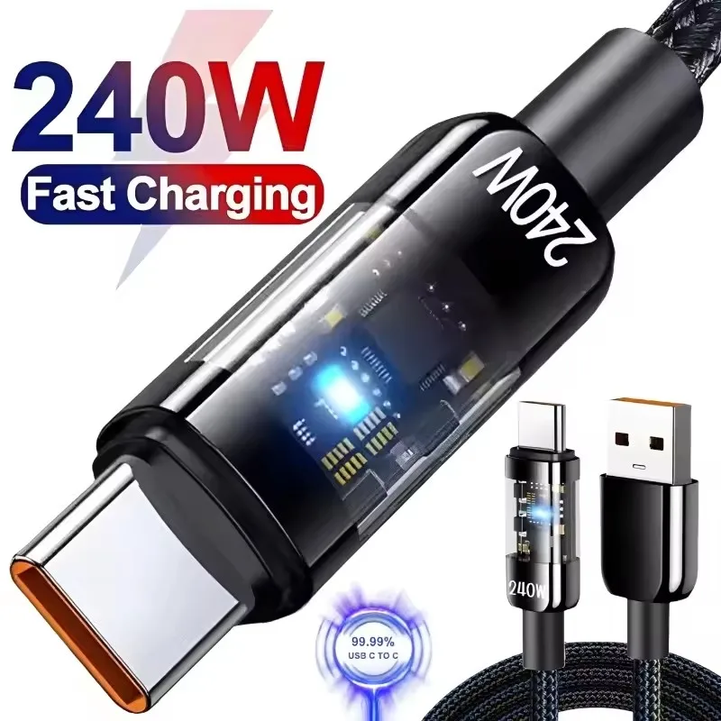 Cabo de carregamento super rápido 240W QC 3.0 USB para Tipo C com display digital LED para Samsung, Xiaomi, Huawei, cabo de dados para carregador de celular.