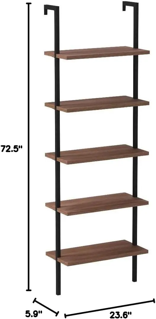 James Theo 5-Shelf Oak Wood Modern Bookcase, Open Wall Mount Ladder Bookshelf with Industrial Black Metal Frame