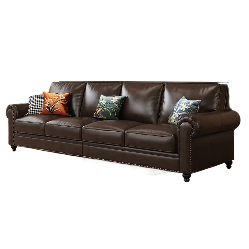 for Big Barton American Style Oil Wax First Layer Cowhide Leather Sofa 2.8m Retro Villa Living Room Four Seater Couch
