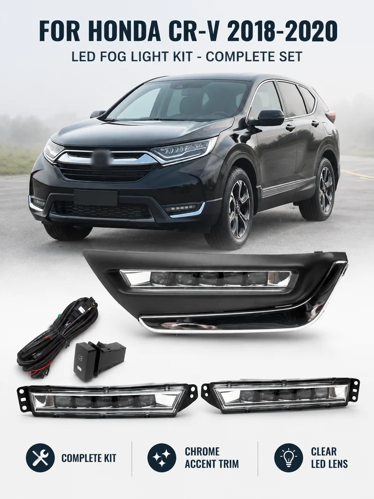LED Fog Light Kit for Honda CR-V 2018-2020 Complete Set with Wiring Harness and Switch Chrome Accent Trim Clear Lens Pair