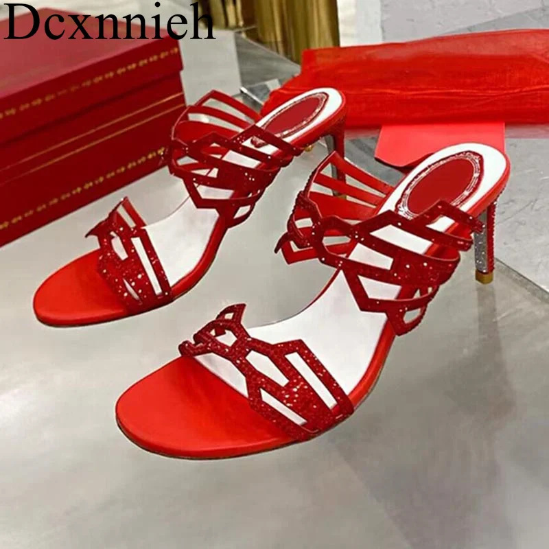 

Summer Flicker Crystal Slim Heels Slippers Women's Open Toe Hollow Out Simple Sandals Outdoor Party Party Dress Wedding Shoes