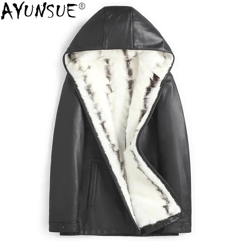 AYUNSUE Genuine Goatskin Leather Jacket Men Mink Fur Liner Coat Male Short Hooded Black Jackets Chaquetas Hombre SQQ827