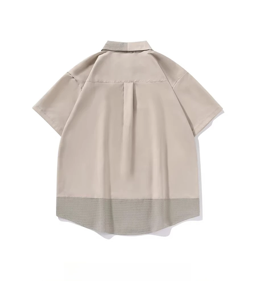 2025 Summer New Patchwork Fake Two-Piece Khaki Short Sleeve Shirt American Design Dark Blue Casual Slim Fit Daily Top