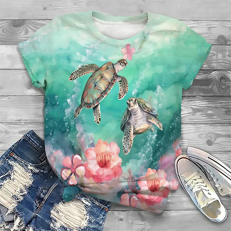 السلاحف البحرية ثلاثية الأبعاد طباعة تي شيرت المرأة موضة الشارع الشهير عادية س الرقبة قصيرة الأكمام تي شيرت Y2k قمة Harajuku تيز الملابس النسائية