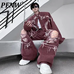 PFNW 2024 Autumn Men's Set Stand Collar Rougn Edge Denim Jacket Ripped Hole Wide Leg Pants Spliced Trendy Streetwear New 28W4788