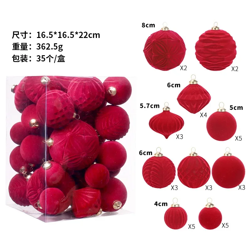 35pcs Special-shaped Christmas Ball Ornaments Flocking Red Christmas Tree Party Decoration New Christmas Spheres Pendant